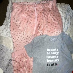 pink gold heart plush PJs sweats*Bobbi Brown cosmetics beauty truth gray Tee 2pc
